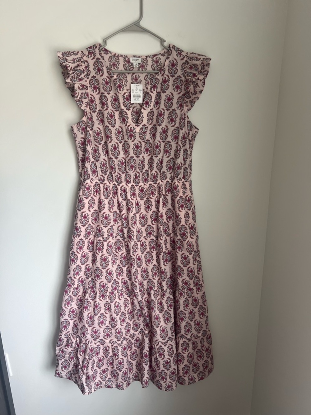 NEW J Crew Ruffle Sleeve Midi Dress in Pink Blue Floral Print Women's 12 - Picture 4 of 8